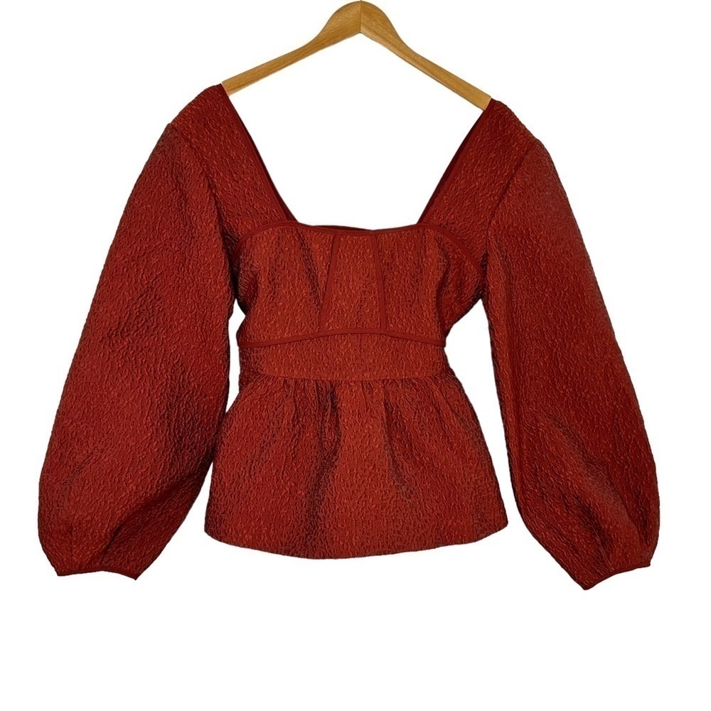 Jonathan Simkhai Square Neck balloon Long Sleeve Top Sz 10 Brick Red Structured